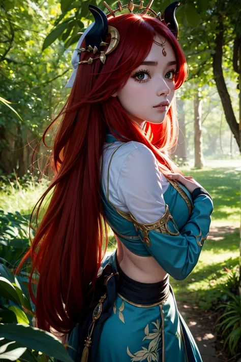 1 girl, nilou from genshin impact,under the shades of trees, looking back pose, leaves shadow on face, red hair, pretty face, ha...