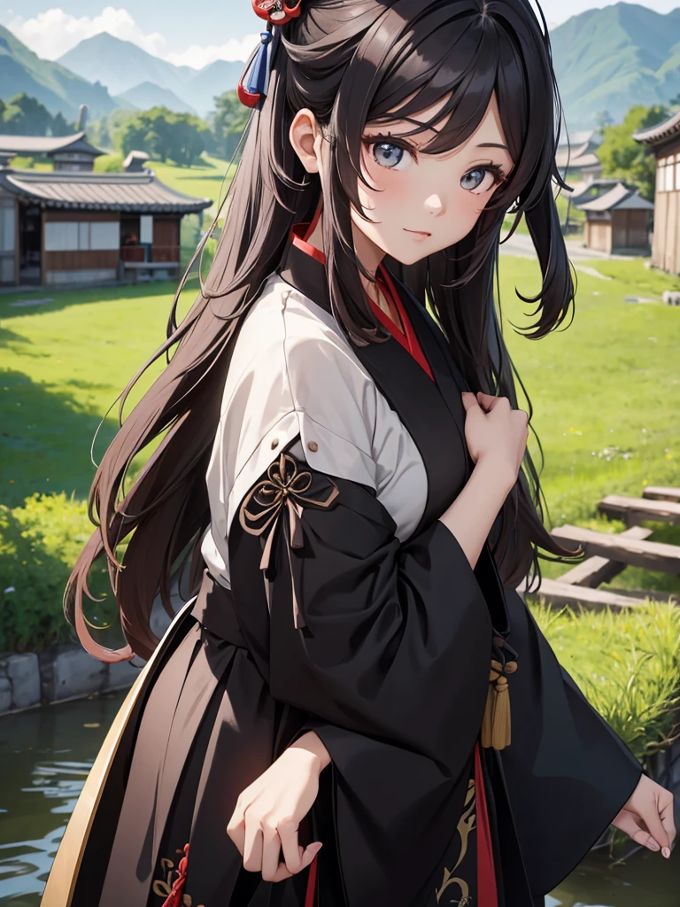 (Hu tao), 1girl, wearing a lonj black colour Japanese kikono, at a village, 8k, high detailed, high quality