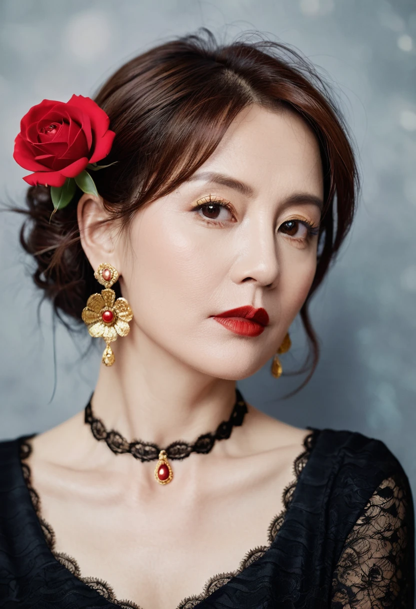 8K, RAW photos, Fujifilm, Stylized photo of a beautiful 45-year-old woman, Square face, There is a red rose on the neck, Wearing a black lace dress with red, Gold earrings, As powerful as a spinning pigeon, (Highly refined skin: 1.2), Medium brown hair with light, Film Grain, 35 mm, Cute style