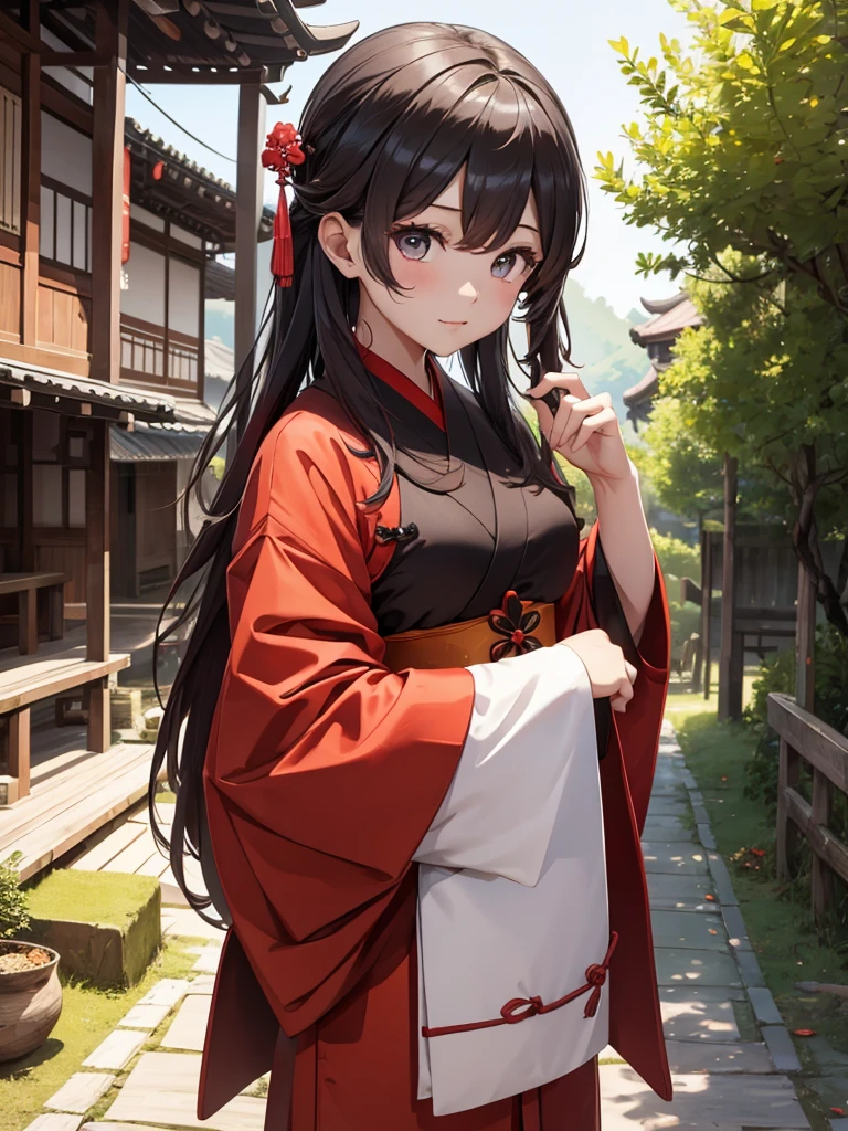 (Hu tao), 1girl, wearing a long colour Japanese kikono, at a village, 8k, high detailed, high quality