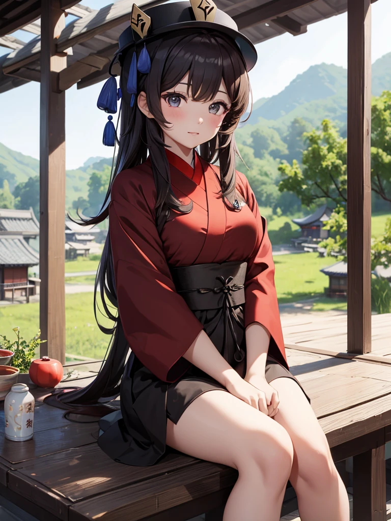 (Hu tao), 1girl, wearing a long colour Japanese kikono, at a village, 8k, high detailed, high quality