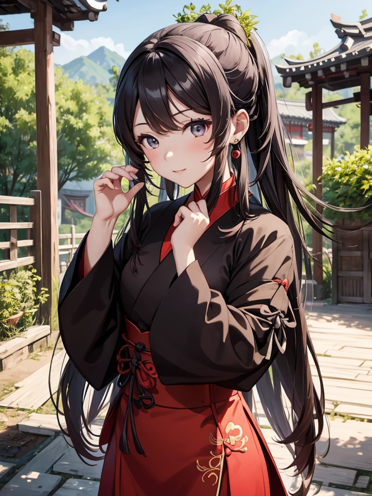 (Hu tao), 1girl, wearing a long colour Japanese kikono, at a village, 8k, high detailed, high quality