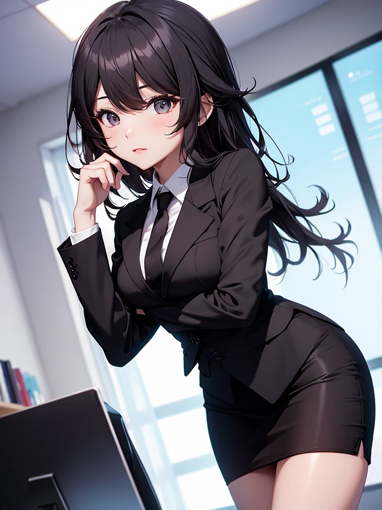 (Hu tao), 1girl, wearing a office suit, black tight skirt, at an office, 8k, high detailed, high quality