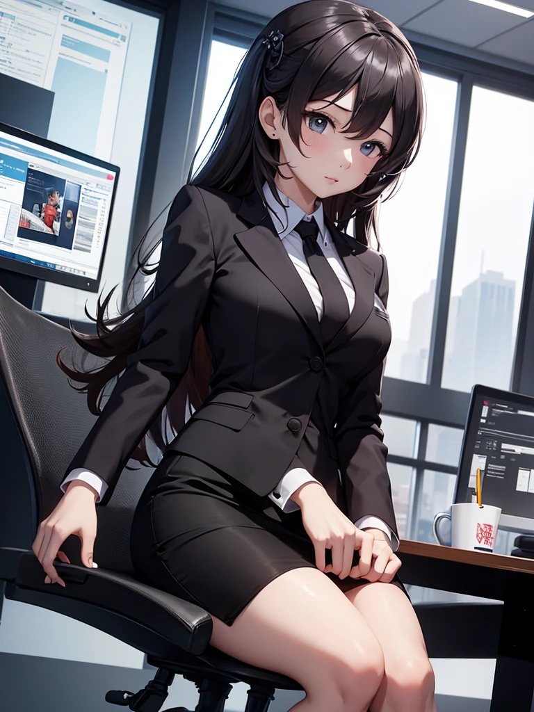 (Hu tao), 1girl, wearing a office suit, black tight skirt, at an office, 8k, high detailed, high quality