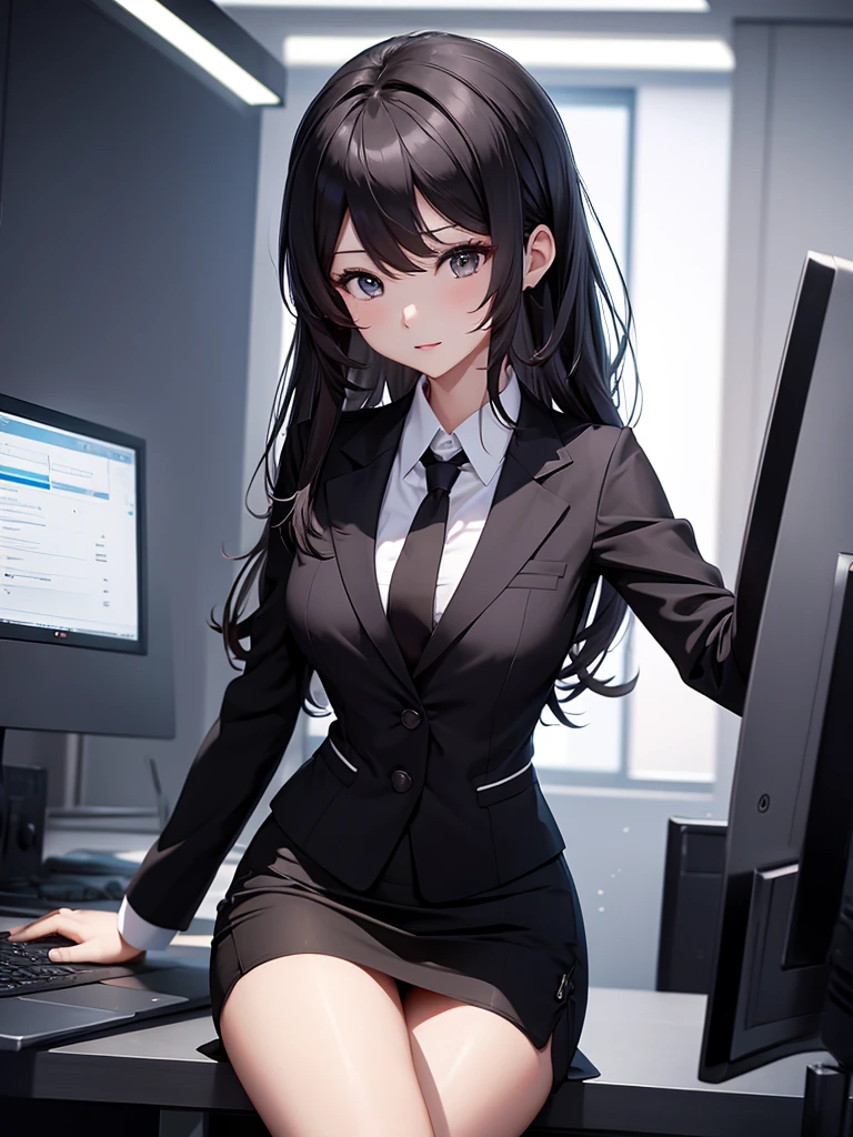 (Hu tao), 1girl, wearing a office suit, black tight skirt, at an office, 8k, high detailed, high quality