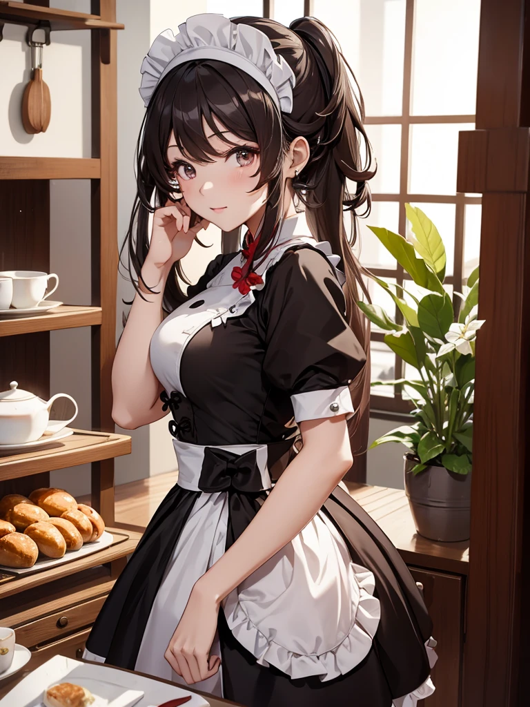 (Hu tao), 1girl, as a maid, wearing a maid outfit, at a home, 8k, high detailed, high quality