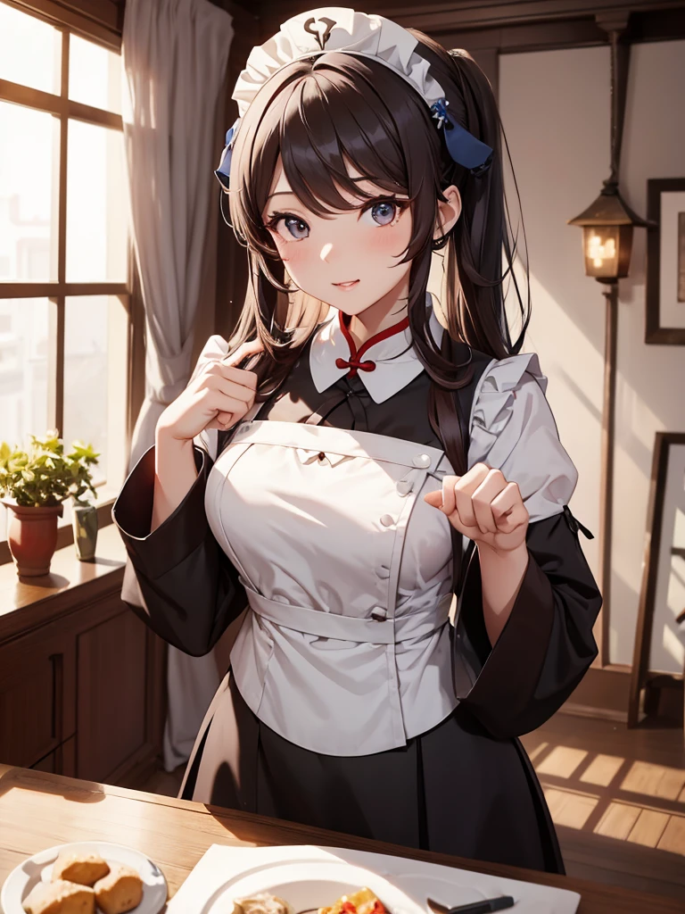 (Hu tao), 1girl, as a maid, wearing a maid outfit, at a home, 8k, high detailed, high quality