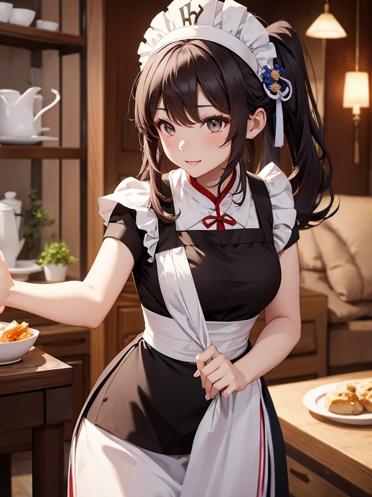 (Hu tao), 1girl, as a maid, wearing a maid outfit, at a home, 8k, high detailed, high quality