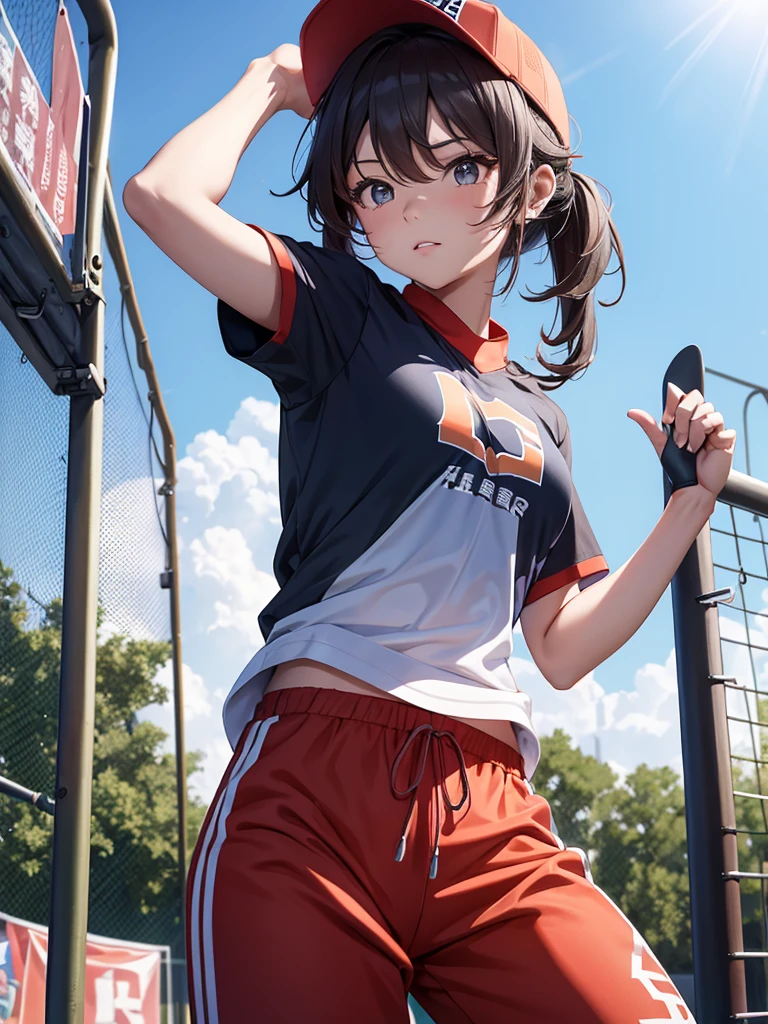 (Hu tao), 1girl, as an athlete, wearing a sports t-shirt and pants, at a playground , 8k, high detailed, high quality