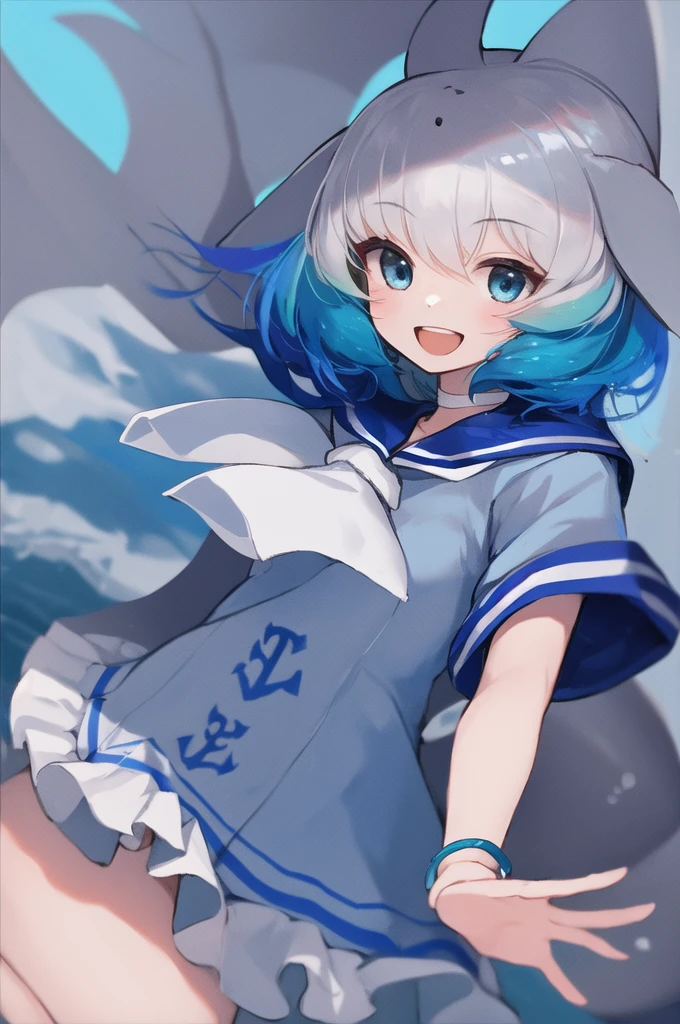 masterpiece, best quality, 1girl, solo, fins, head fins, short hair, multicolored hair, grey hair, white hair, blue hair, blue eyes, cetacean tail, choker, white choker, bracelet, sailor collar, neckerchief, white neckerchief, dress, frilled dress, sailor dress, short sleeves, frills, anchor symbol, underwater, :d,