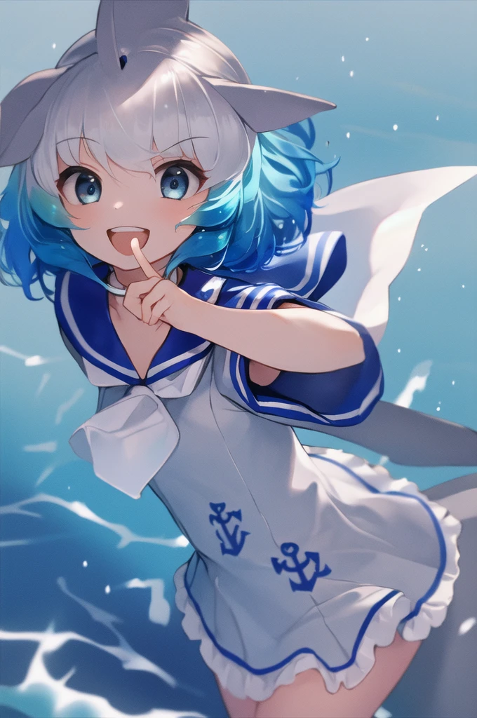 masterpiece, best quality, 1girl, solo, fins, head fins, short hair, multicolored hair, grey hair, white hair, blue hair, blue eyes, cetacean tail, choker, white choker, bracelet, sailor collar, neckerchief, white neckerchief, dress, frilled dress, sailor dress, short sleeves, frills, anchor symbol, underwater, :d,