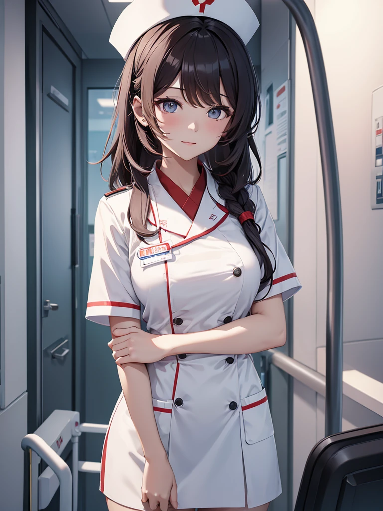 (Hu tao), 1girl, as a nurse , wearing white colour nurse outfit, at a hospital , 8k, high detailed, high quality