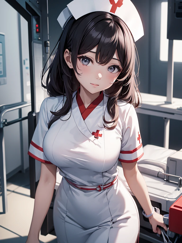 (Hu tao), 1girl, as a nurse , wearing white colour nurse outfit, at a hospital , 8k, high detailed, high quality