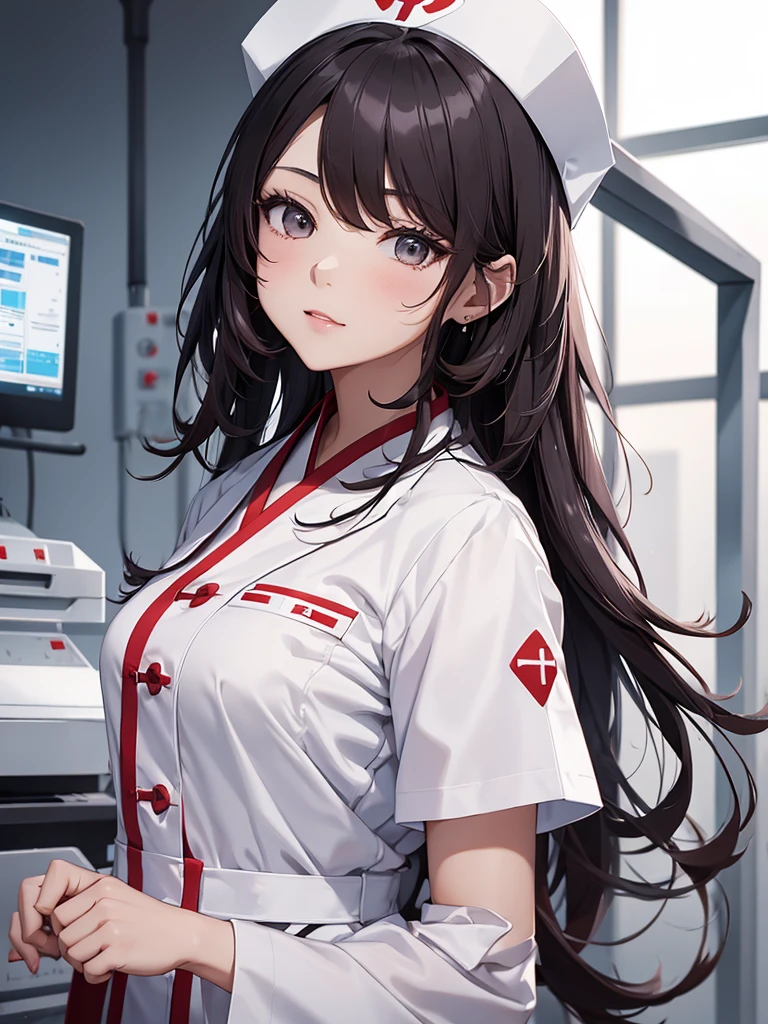 (Hu tao), 1girl, as a nurse , wearing white colour nurse outfit, at a hospital , 8k, high detailed, high quality