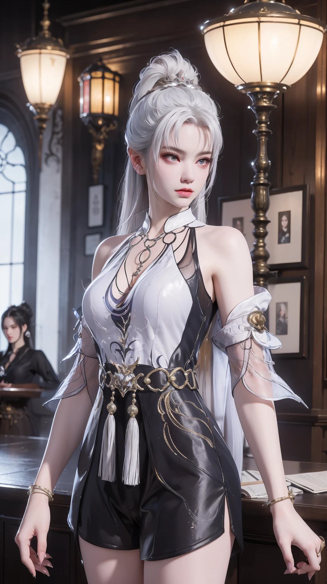 a white hair、Close-up of woman wearing white mask, Beautiful character painting, Gu Weiss, Gu Weiss style artwork, White-haired god, author：Yang Jie, Epic and beautiful character art, Stunning character art, author：Fan Qi, by Wuzhun Shifan, Gu Weiss in pixiv artstation street, Single ponytail, insult, High Ponytail, Tall and big, Long legs, (Sleeveless lace shirt), (shorts), (Striped )), ((Striped )), Walk, elegant, dignified, Feminization, Beautiful curves, sweet smile, Strong sense of detail and layering, color丰富绚丽, Has a unique texture, rich and colorful, color, vivid, Design Art, 16K, Very detailed, {{illustration}}, {Extremely refined}, {Delicate finish}, Very detailed, Delicate and shining eyes, {{Light}}, 极致Light效果, Model: realism, CFG scale: 12, Lola: Bright texture (1.35), high quality, masterpiece, Exquisite facial features, Delicate hair depiction, Delicate eye depiction, masterpiece, best quality, Light线追踪, Extremely detailed CG unified 8k wallpaper, masterpiece, best quality, (1 girl), Perfect female image, (((tight white t shirt))), beautiful eyes, (Delicate face), Black short hair, Tie your hair up, light blue hairpin, (White skin), (Optimal Lighting), (Super intricate details), 4K Unified, (Very detailed CG), Showing off her white legs, , Hot Pants, shorts,