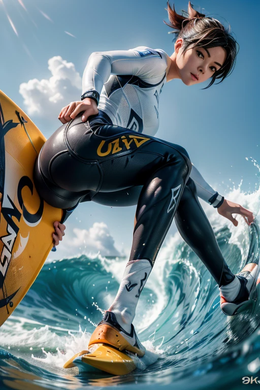 a dynamic sports la photographie scene, 1fille, Surf traceur, scène de surf puissante, Grande vague, belle pose d&#39;équitation, superbe surf, (Meilleure qualité,4k,8k,haute résolution,chef-d&#39;œuvre:1.2),ultra-détaillé,(Réaliste,photoRéaliste,photo-Réaliste:1.37),HDR,éclairage de studio,Couleurs vives,peau mouillée, bokeh,la photographie