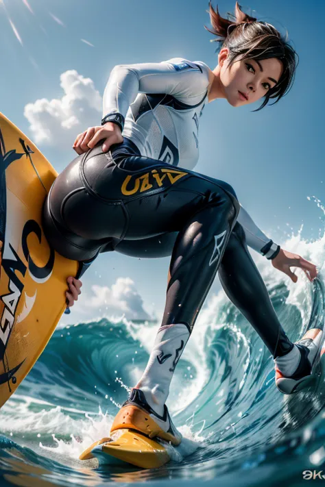 a dynamic sports photography scene, 1girl, Tracer surfing, powerful surfing scene, big wave, beautiful riding pose, stunning sur...