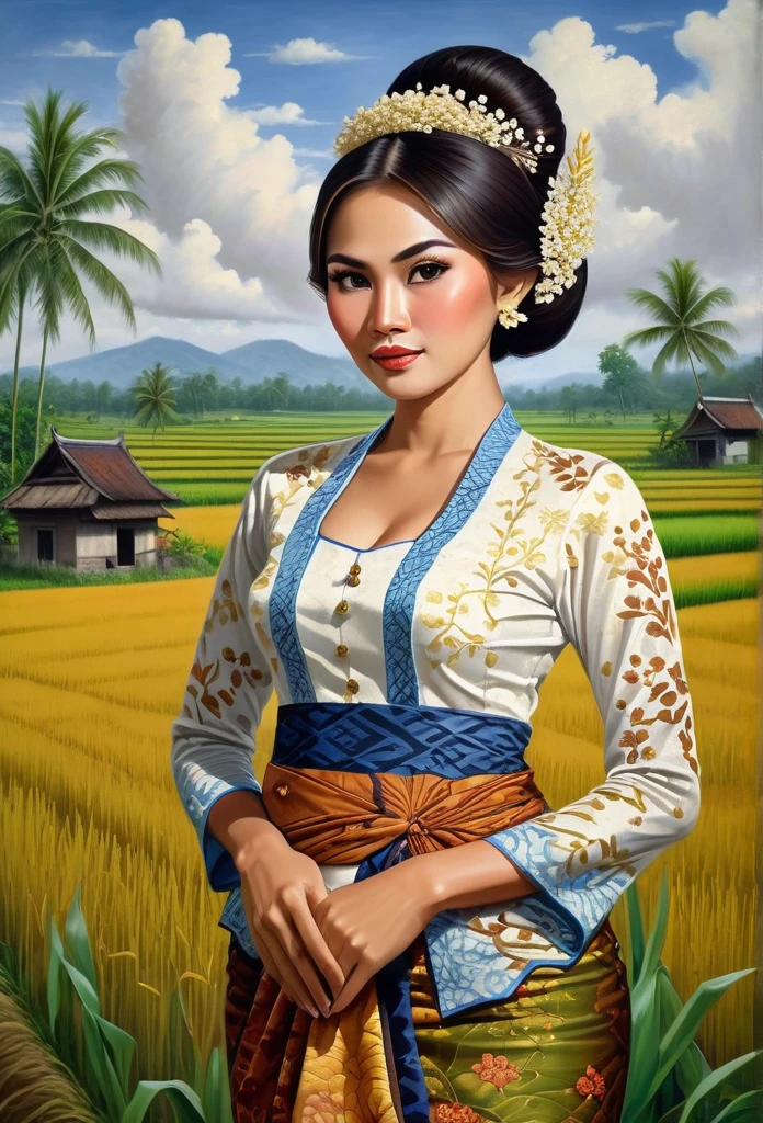 Hermosa campesina javanesa tetona con un vestido kebaya de brocado y una falda larga de batik, peinado de moño simple con pequeñas flores hermosas en el cabello, fondo de campo de arroz increíblemente detallado e intrincado, pintura al oleo sobre lienzo, estilo realista, fuertemente influenciado por el estilo de pincelada fotorrealista de Don Lawrence