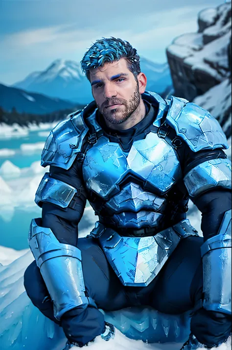 extreme close-up, close-up on face, man, sitting on a rock, futurist neon armor , blue hair and blue stubble, snowy landscape wi...