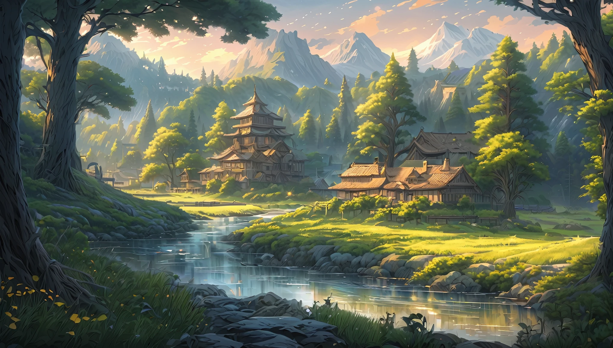 masterpiece, best quality, number, illustration, Anime style background, landscape, background, Low exposure, 4K resolution, Extreme details, Very detailed, light, Trees, Comfort, architecture