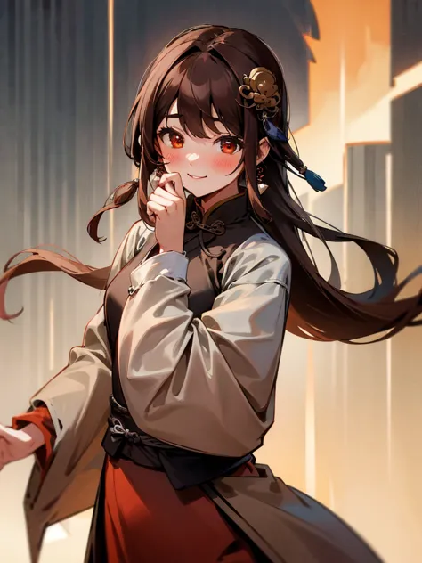 1 girl, long hair, smile, alone, brown hair, fringe, earrings, blush, red eyes, hair ornament, chinese ancient clothing