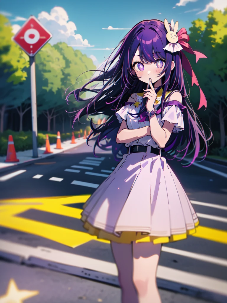 1girl, solo, hoshino ai, short sleeves, purple hair, (star-shaped pupils), long hair, bangs, looking at viewer, yellow footwear, road sign, outdoors, summer, trees, sunshine, sleeveless mini dress, bare shoulders, absurdres, 16k, masterpiece, best quality,