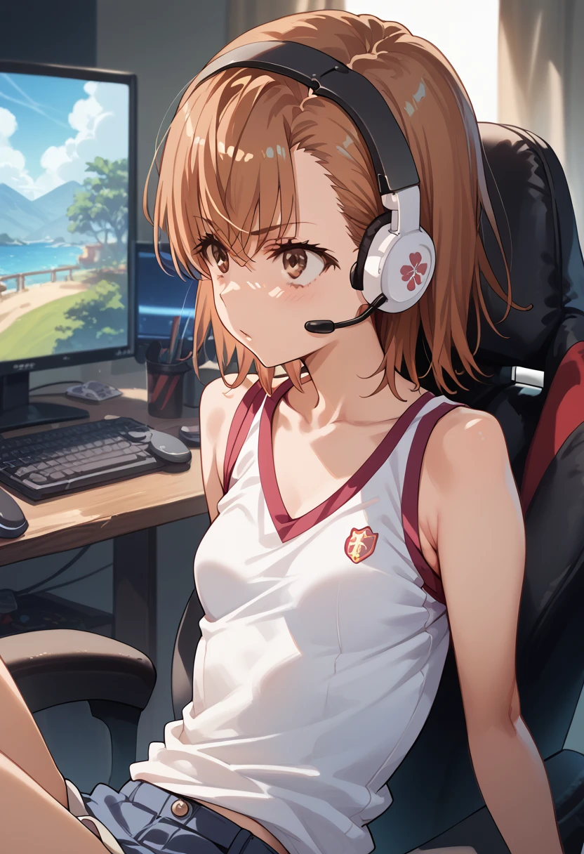 masterpiece,High resolution,Highest quality,8k
(Misaka Mikoto)(14-year-old female,Brown Hair,Short Hair,Small breasts,Slim figure)
(Tank top)room,Sit in a gaming chair,Put on a headset