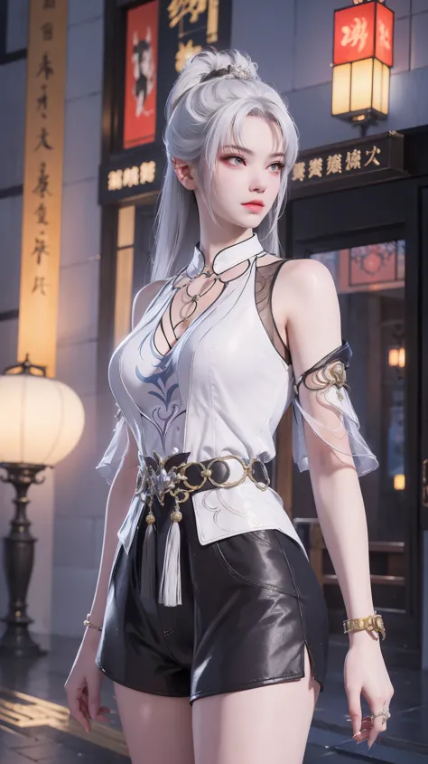 a white hair、Close-up of woman wearing white mask, Beautiful character painting, Gu Weiss, Gu Weiss style artwork, White-haired god, author：Yang Jie, Epic and beautiful character art, Stunning character art, author：Fan Qi, by Wuzhun Shifan, Gu Weiss in pixiv artstation street, Single ponytail, insult, High Ponytail, Tall and big, Long legs, (Sleeveless lace shirt), (shorts), (Striped )), ((Striped )), Walk, elegant, dignified, Feminization, Beautiful curves, sweet smile, Strong sense of detail and layering, color丰富绚丽, Has a unique texture, rich and colorful, color, vivid, Design Art, 16K, Very detailed, {{illustration}}, {Extremely refined}, {Delicate finish}, Very detailed, Delicate and shining eyes, {{Light}}, 极致Light效果, Model: realism, CFG scale: 12, Lola: Bright texture (1.35), high quality, masterpiece, Exquisite facial features, Delicate hair depiction, Delicate eye depiction, masterpiece, best quality, Light线追踪, Extremely detailed CG unified 8k wallpaper, masterpiece, best quality, (1 girl), Perfect female image, (((tight white t shirt))), beautiful eyes, (Delicate face), Black short hair, Tie your hair up, light blue hairpin, (White skin), (Optimal Lighting), (Super intricate details), 4K Unified, (Very detailed CG), Showing off her white legs, , Hot Pants, shorts,
