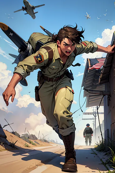 Create a scene set in World War II of brave soldiers on the battlefield in different scenarios with fighter planes