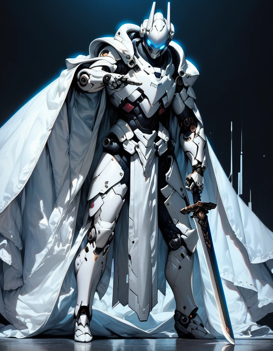 1 boy, alone, three-quarter profile, detailed background well integrated into the image, white armor, white glowing eyes, full body, light armor, white hair, cyberpunk, sword pointing to the ground, white cape, holding a sword stuck in the ground, sword with white and black engravings, background of a castle entrance, full white armor, white futuristic helmet, standing pose leaning on the sword, tight armor, dark aura, white mechanical arm, three-quarter view