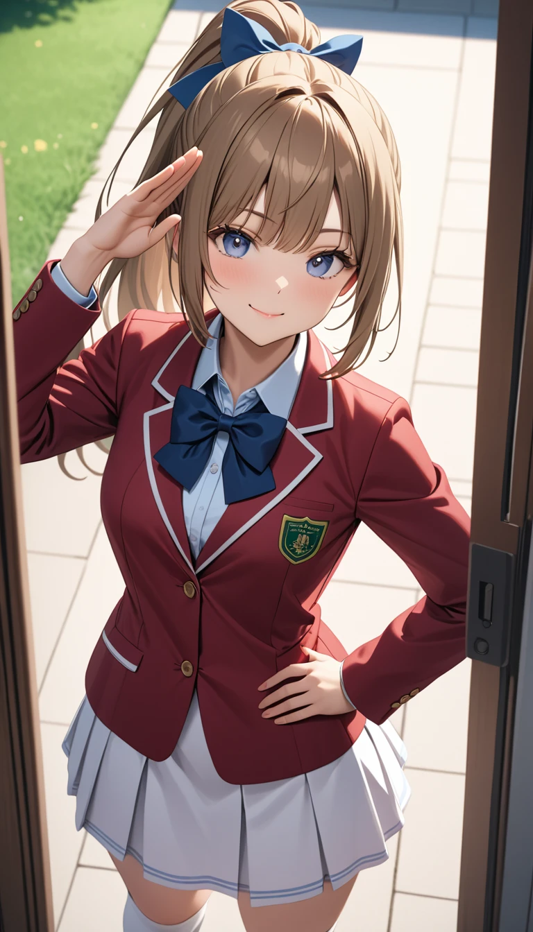 masterpiece, best quality, highres, ponytail hair, (single braid:1.2), hair ribbon, red blazer,buttoned blazer, blue bowtie, white skirt,knee socks ,standing ,put hand on hip,salute,from above,cowboy shot,spread legs ,back ground school entrance ,smile,closed mouth