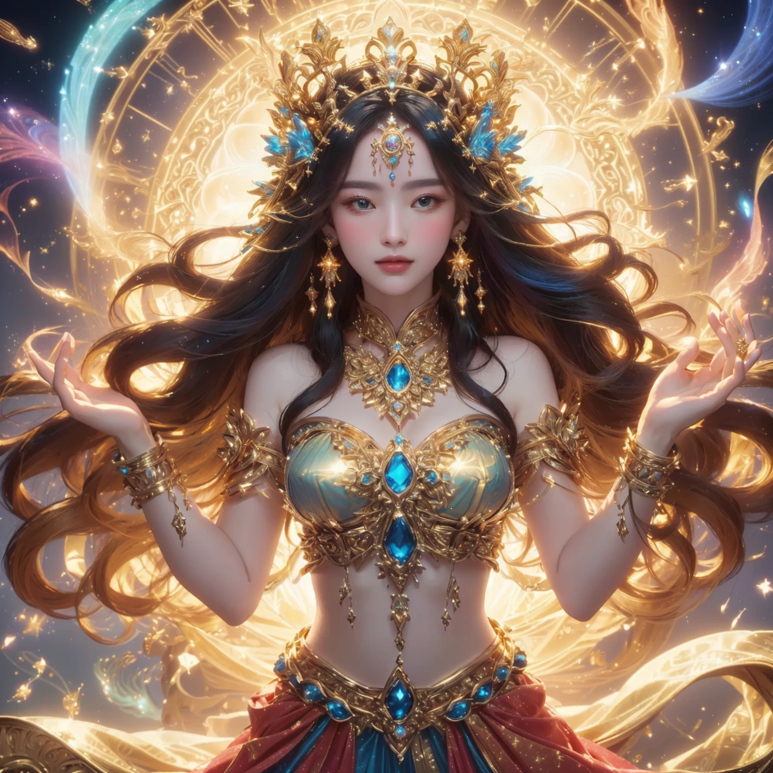 A woman in a gold dress, a gold crown, and a blue-yellow dress., gorgeous goddess of leo, celestial goddess, goddess. Very high detail, beautiful heavenly mage, Beautiful Fantasy Empress, goddess of light, a stunning portrait of a goddess, cosmic goddess, earth goddess mythology, extremely detailed goddess shot, as the goddess of the sun, goddess of space and time