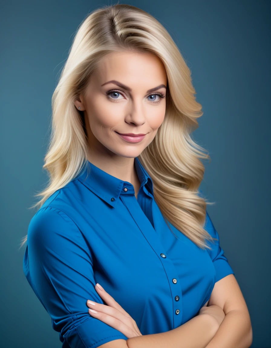 mulher loira de camisa azul posando para uma foto com os braços cruzados, Foto de perfil profissional, Jenni Pasanen, foto de retrato profissional, Alina Ivanchenko, Aleksandra Waliszewska, lorena avarez, Madalena com mais frequência, nina tryggvadottir, Kirsi Salonen, Carolina Gariba, Tiros na Cabeça, Foto de perfil profissional