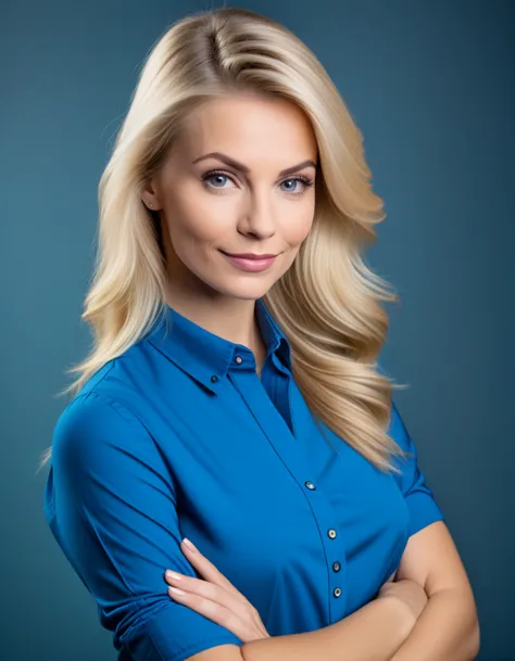 blonde woman in blue shirt posing for a photo with arms crossed, professional profile photo, jenni pasanen, professional portrai...