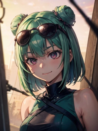 (highres), (best quality), (detailed) 1 girl, alone, medium hair, pastel green hair, twin buns, evil smile, VIOLET eyes, round black sunglasses on head, black sleeveless turtleneck top, green shorts, dark brown boots, day time, abandoned place, resting, thoughtful, looking away from the camera