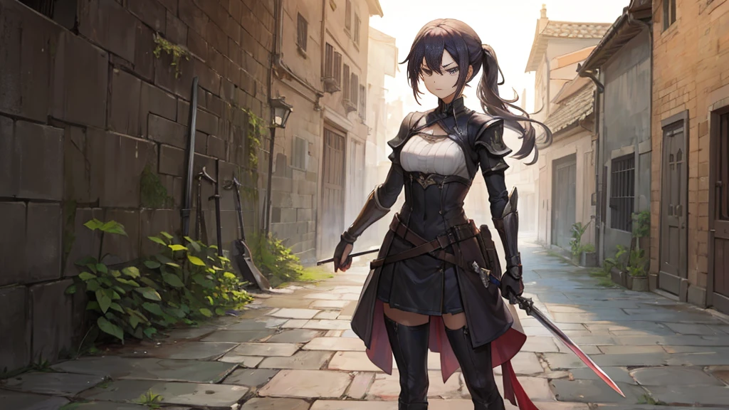 A girl standing putting her sword at right direction, angry, and slightly smiling, old town alley wall background