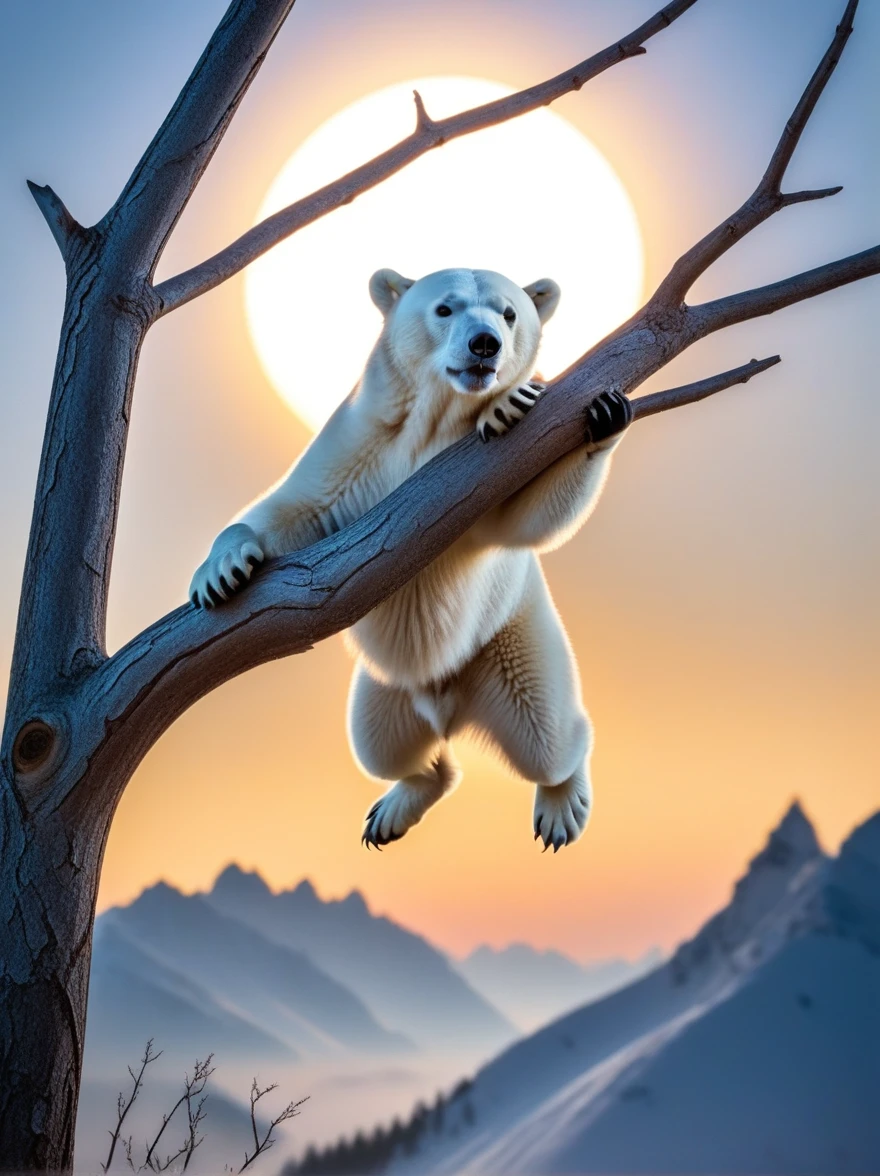 ((best quality)), a hybrid bat and a polar bear hanging upside down on a branch getting ready to sleep against the background of the rising sun, hyperrealism