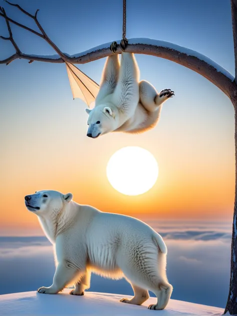 ((best quality)), a hybrid bat and a polar bear hanging upside down on a branch getting ready to sleep against the background of...