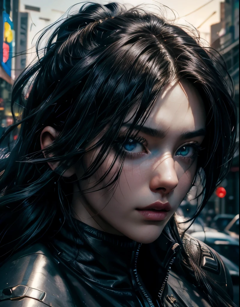 solo, Sasha Yakovleva, Cyberpunk 2077, Edgerunner, Night City, cyberpunk character concept art, ((masterpiece)),((high resolution)),((best quality)), extremely fine and beautiful, super fine illustration, (realistic skin), (insanely detailed blue eyes), lone woman, vivid and beautiful, shocking sensation, incredibly detailed, beautiful detailed girl, innocent, (medium supple breasts:1.0), front view, facing at viewer, (modest civilian clothes:1.0), ((black hair)), (long hair), (plump thighs:0.6), (wide hips:0.6), movie lighting, weighted shadows, weighted hair, realistic physics, perfect shadow, realistic lighting shaded, cyberpunk crowded street scenery