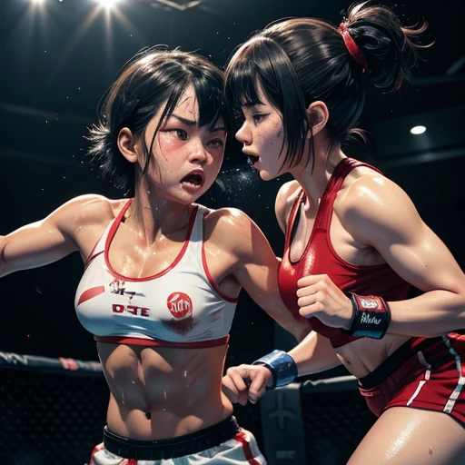 two bloody japanese girl fighters are fighting survival so hard in the octagon ring. The girls thrust their fists toward their opponents. they are attacking opponent's face each other by dynamic punch. they have no energy. they have short-cut black hair, shortness of breath, drool from her mouth, closed eye, exhaustion, and sweat soaked. open finger grobe. Muscularity. Six pack abs. Erect nipples.