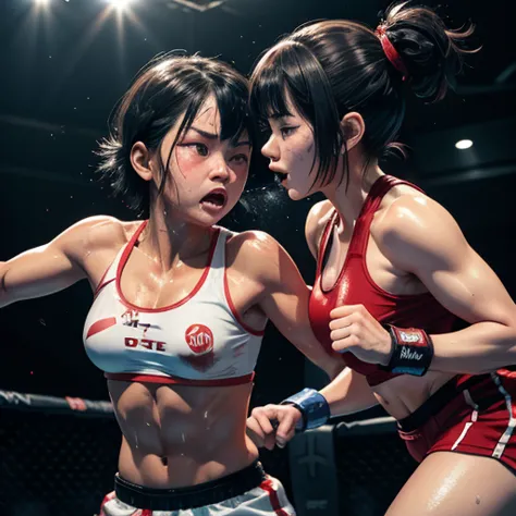 two bloody japanese girl fighters are fighting survival so hard in the octagon ring. The girls thrust their fists toward their o...