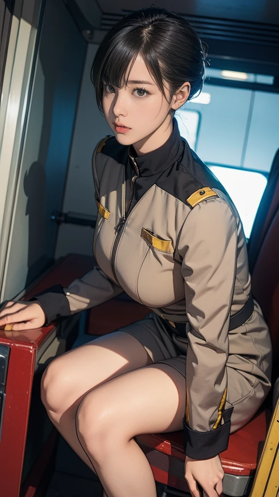 10-year-old girl、Earth Federation Operator Girl Soldier、Black short hair、Large Breasts、Idol-level cuteness、Childish face and appearance、Operator intercom mounted on head、Accurately drawn faces、thin、健康的なKnee-lengthスカート風の地球連邦軍制服、Knee-length、Inside the bridge of a battleship、Low angle shot、Anatomically correct、Accurate Fingers、Accurate Rimbuster Piece、Photorealization