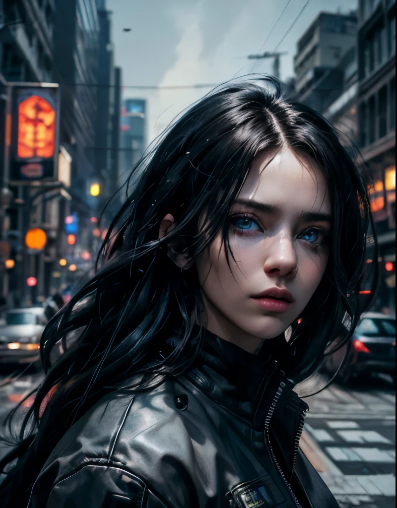 solo, Sasha Yakovleva, Cyberpunk 2077, Edgerunner, Night City, cyberpunk character concept art, ((masterpiece)),((high resolution)),((best quality)), extremely fine and beautiful, super fine illustration, (realistic skin), (insanely detailed blue eyes), lone woman, vivid and beautiful, shocking sensation, incredibly detailed, beautiful detailed girl, innocent, (medium supple breasts:1.0), front view, facing at viewer, (modest civilian clothes:1.0), ((black hair)), (long hair), (plump thighs:0.6), (wide hips:0.6), movie lighting, weighted shadows, weighted hair, realistic physics, perfect shadow, realistic lighting shaded, cyberpunk crowded street scenery