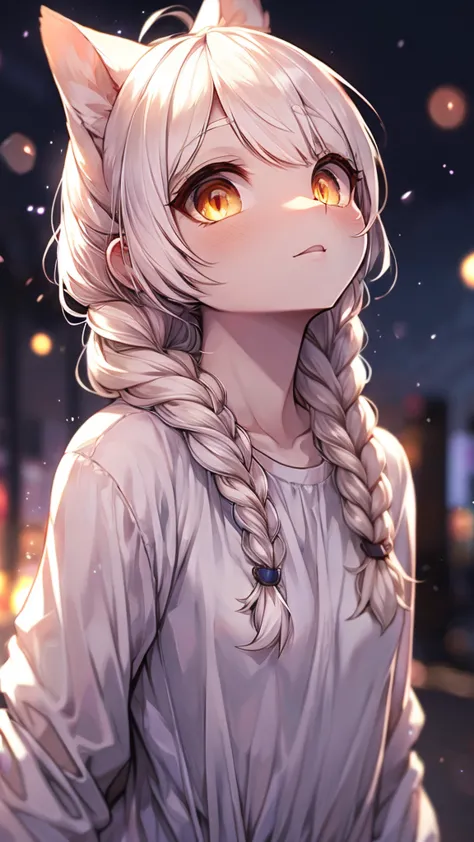 best quality, masterpiece,white hair, golden eyes,white clothes, look up, upper body,hair,white skin,side braid