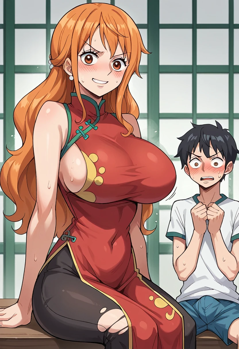 score_9, score_8_up, score_7_up, source_anime, best quality, clear face, Nami, orange hair, orange eyes, long hair, large breasts, perfect body, standing, looking at viewer, shocked, china dress, red clothes,, indoor, sweating ,blushing,embrassed,see though clothes,big boob,hands on boob,ripped clothes, a little bot next to her, boy blushing, boy has bulge in pants, little boy is smirking, little boy has black hair, boy sitting, she sitting on his crotch, her hand on his bulge