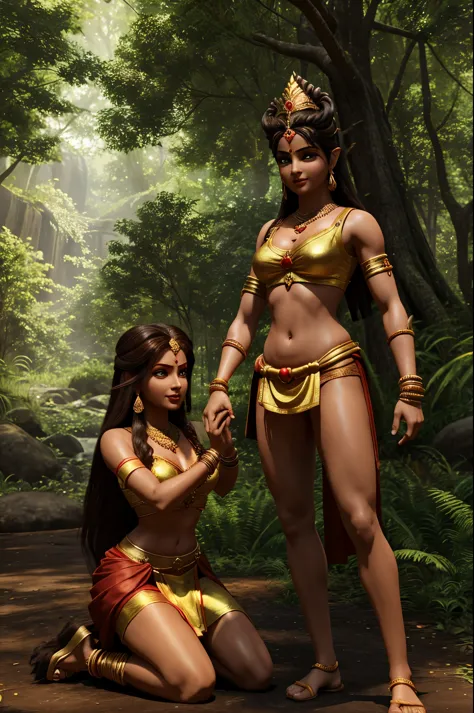 in cinematic 3d cartoon style " a beautiful forest scene with lord ram, sita, and lakshman. shurpanakha, a demoness with an ench...