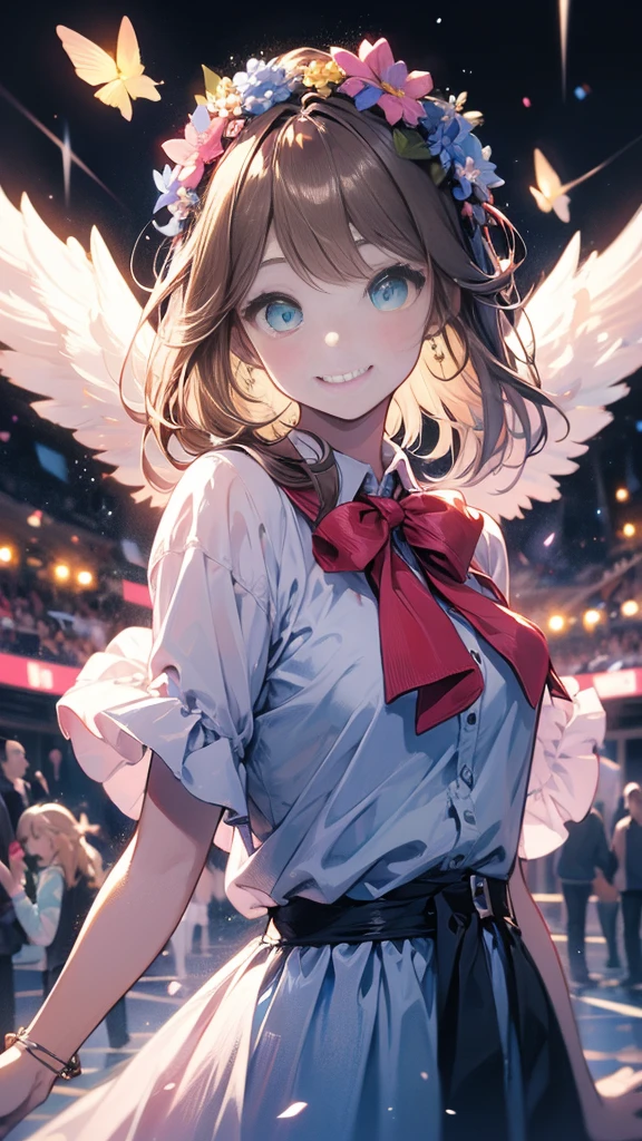 Top quality, Pastel Painting, Soft atmosphere, Twin girls angels, Lovely, White Wings, Smile happily, Different shades of short brown hair, One with blue eyes, A person with green eyes, Skirts of different colors, Flower Hair Accessories, Upper Body, Looking at the audience, space, meteor, Light,