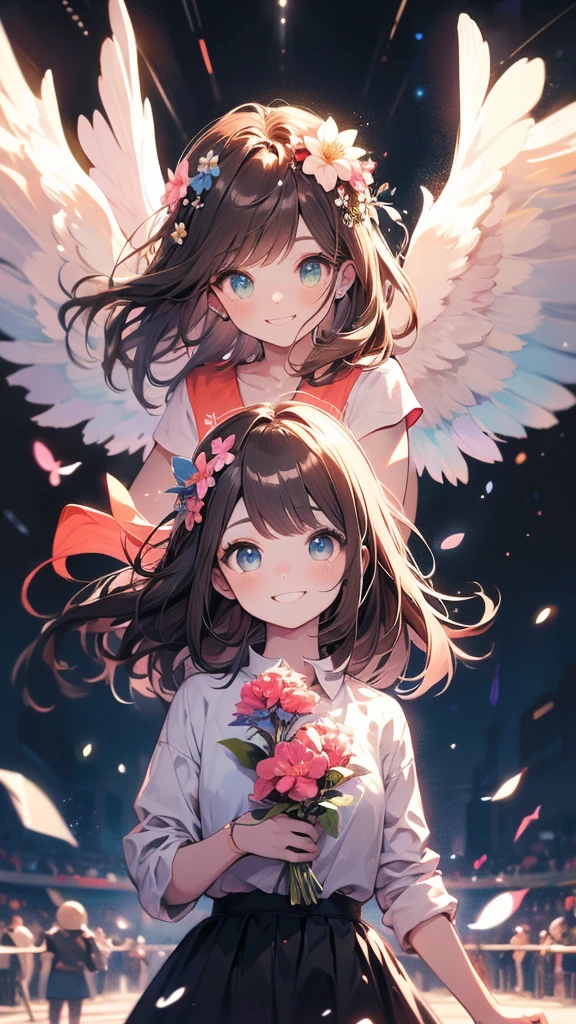 Top quality, Pastel Painting, Soft atmosphere, Twin girls angels, Lovely, White Wings, Smile happily, Different shades of short brown hair, One with blue eyes, A person with green eyes, Skirts of different colors, Flower Hair Accessories, Upper Body, Looking at the audience, space, meteor, Light,