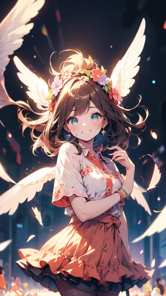 Top quality, Pastel Painting, Soft atmosphere, Twin girls angels, Lovely, White Wings, Smile happily, Different shades of short brown hair, One with blue eyes, A person with green eyes, Skirts of different colors, Flower Hair Accessories, Upper Body, Looking at the audience, space, meteor, Light,