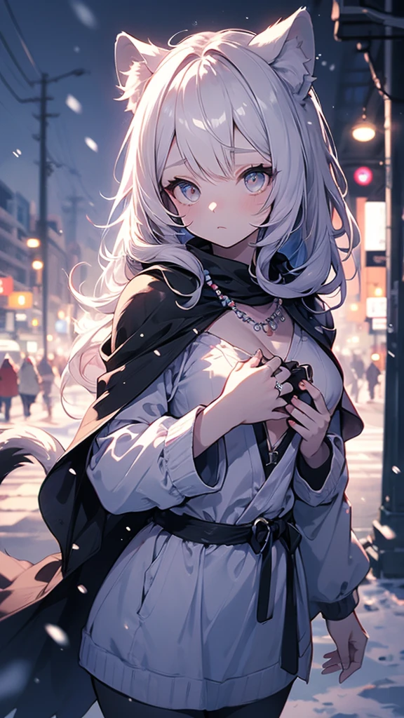 (masterpiece, best quality:1.2),1 Girl, Upper Body,Tail, large Tail, White hair, Very long hair, curls, Gray eyes, deTailed eyes, Colorful hair, ring, Bead necklace, Animal ears, Leopard ears, Black cape, White Dress, - Hip vents, Pelvic Curtain, Grey knee-length socks, snow, snow mountains, snowstorm, Volumetric Lighting, Subsurface scattering, light, Chiaroscuro, Flowing hair, Place your hands on your chest